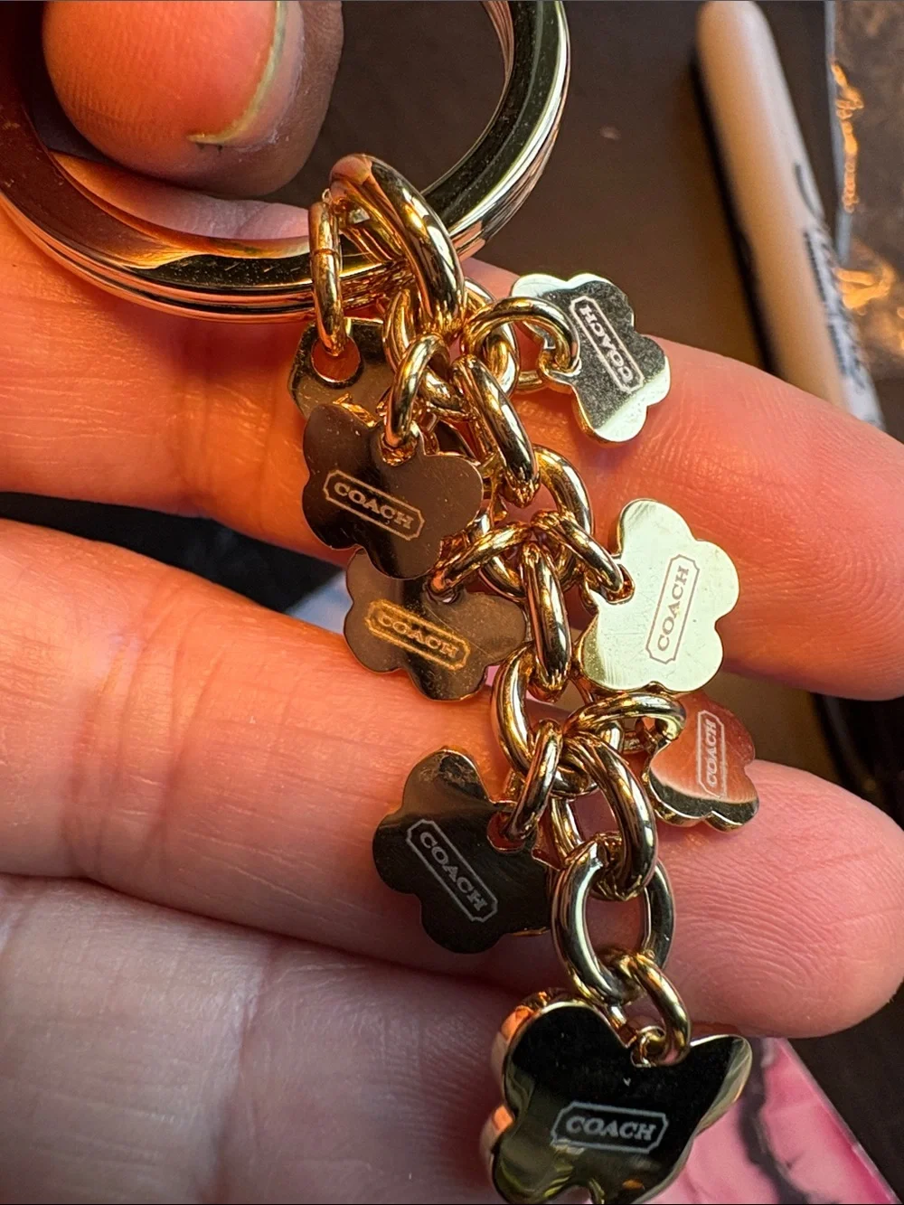 Coach Gold-Tone Butterfly Charms Keyring in Pink and Orange